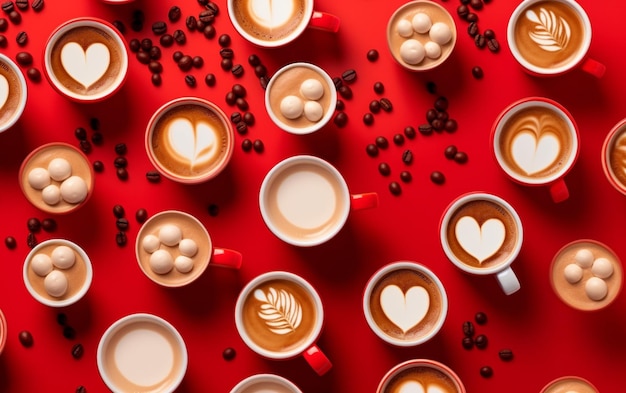 Coffee cups with heart shaped hearts and berries on a red background