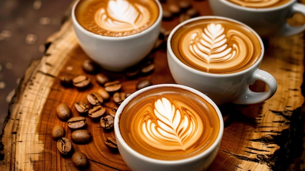 Coffee cups with latte art on wooden table