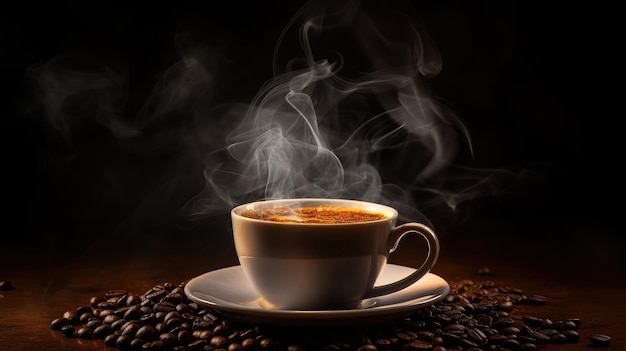 Coffee Day An image of a fragrant cup of coffee with scattered roasted beans on the table