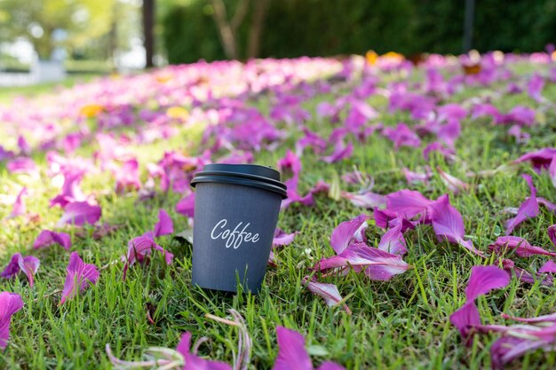 Coffee in disposable cup at field.