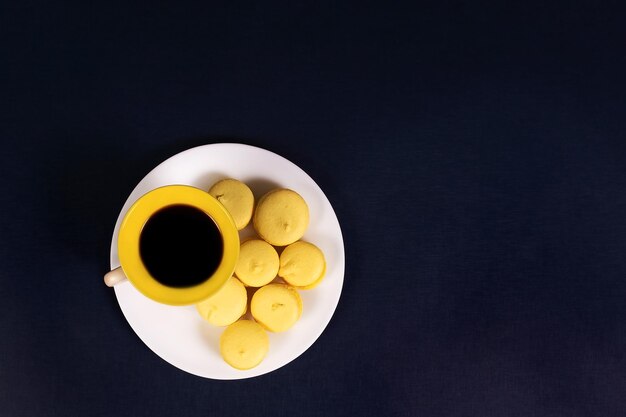 Coffee drink and sweet food on a blue background Bakery Copy space