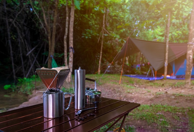 Coffee drip while camping in nature park