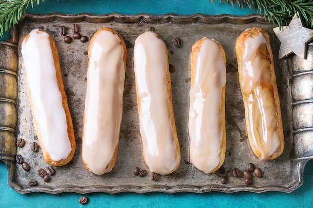 Coffee eclairs with Christmas decor