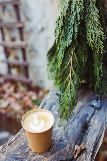 Coffee in eco friendly paper cup in fall or winter garden with pine branch