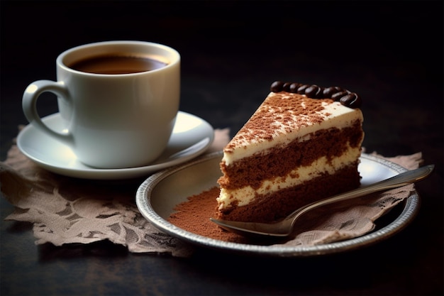 Foto caffè espresso e una fetta di torta con un ricciolo