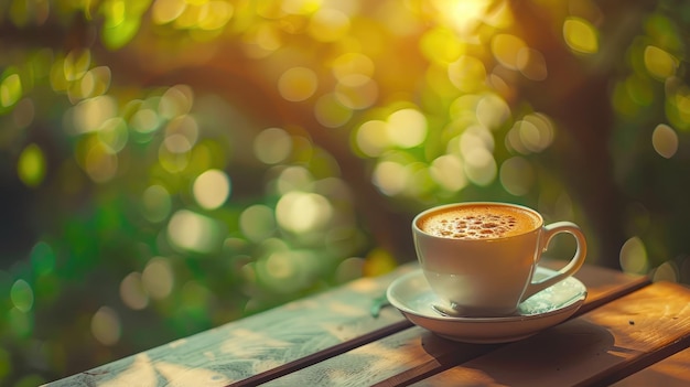 Coffee espresso on wood table nature background in gardenwarm tone