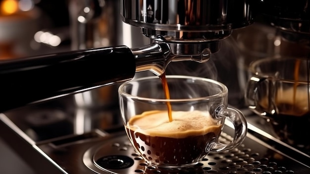 Foto estrazione del caffè da una macchina da caffè professionale con filtro senza fondo generativo ai