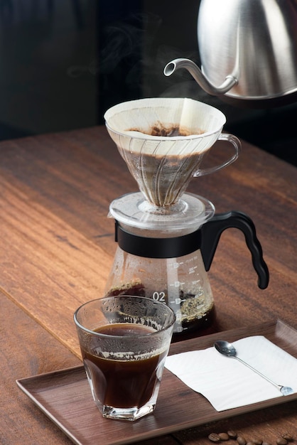 Photo coffee filter and drinking glass on table