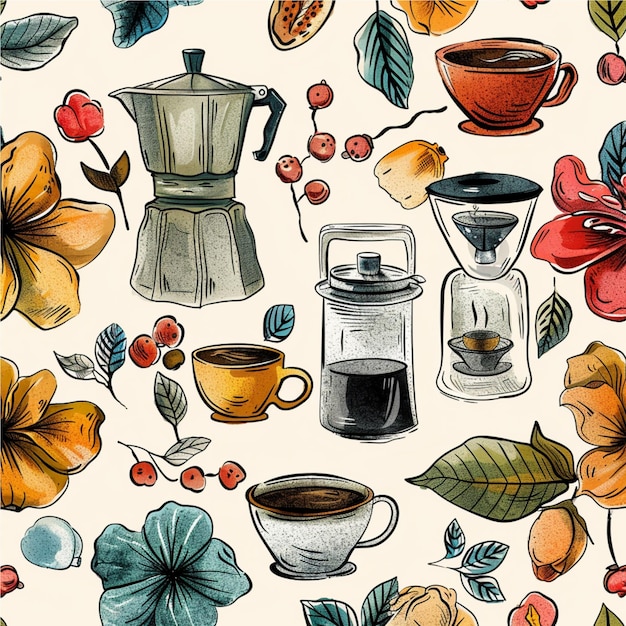 coffee and flowers and coffee equipment related hand drawn pattern for bg