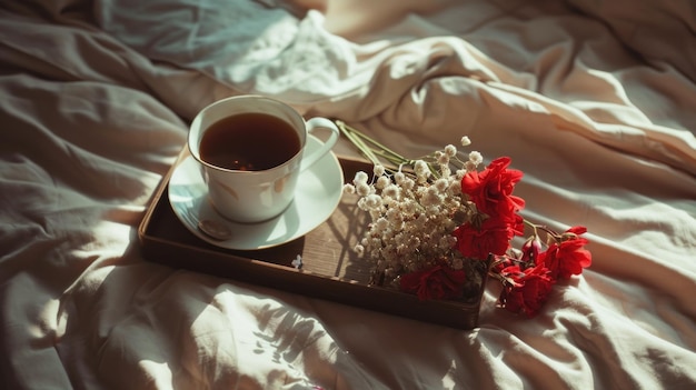 coffee and flowers sit on a tray on a bed