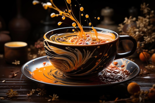 Кофе течет в чашке ручной работы, жидкая элегантность, порождающая IA