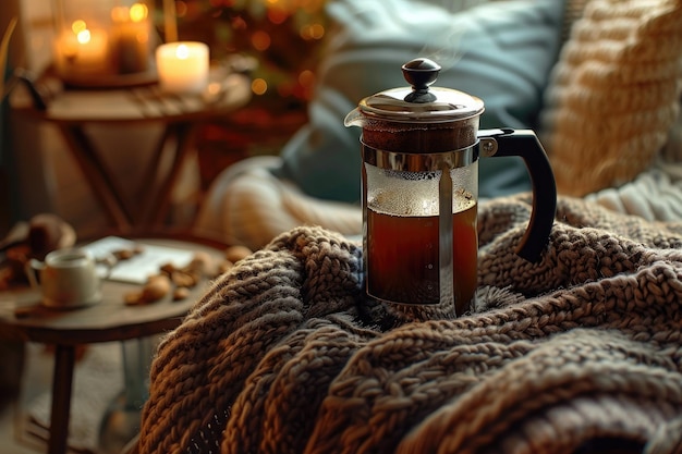 coffee in french press in a cozy room