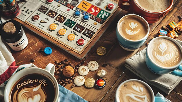 Photo coffee and game pieces are arranged on a wooden table the background is out of focus and there is a warm inviting atmosphere