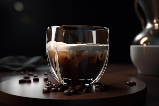 Coffee in glass cup on dark wooden background Close up Generative ai