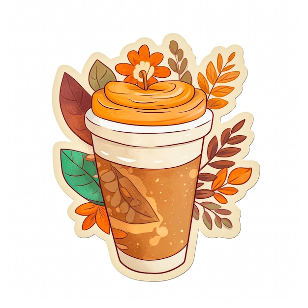 Coffee glass with floral sticker on white background generative AI