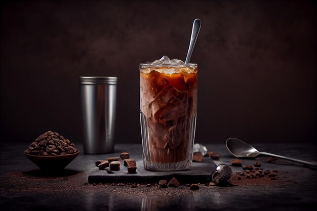 Кофе в стакане с кубиками льда и кофейными зернами
