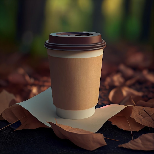 Photo coffee to go on a background with green plants illustration generative ai