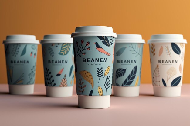 Coffee to go in paper cup with floral pattern and cityscape on the background