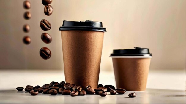 Coffee to go Paper cups and roasted beans flying on light background