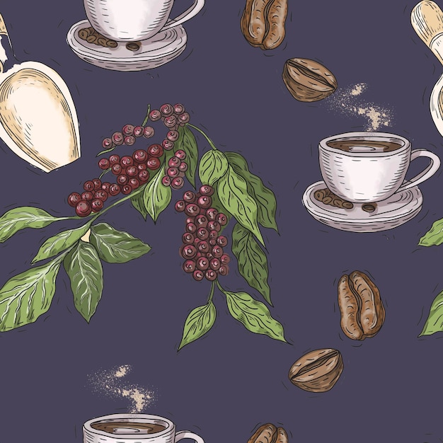 コーヒーブドウの枝と葉 手描きカプチーノ朝 アメリカンカップ タイル イタリアン水彩