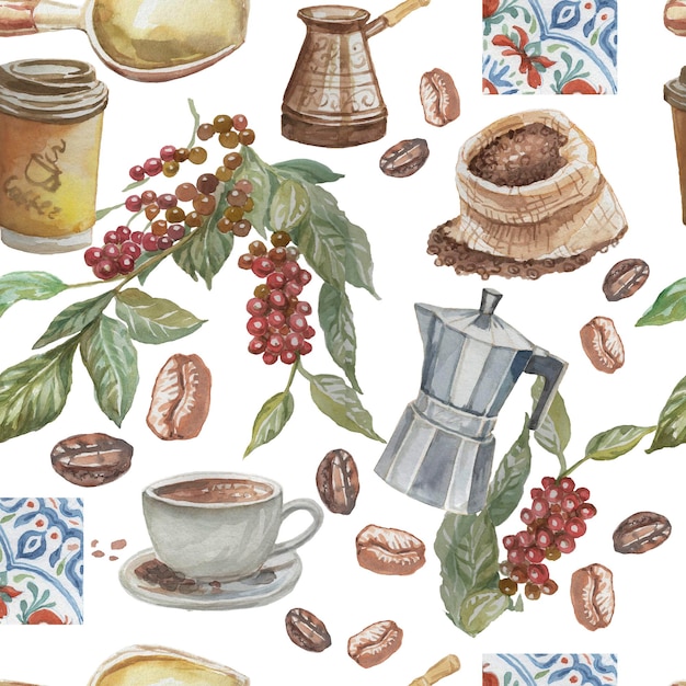 コーヒーブドウの枝と葉 手描きカプチーノ朝 アメリカンカップ タイル イタリアン水彩