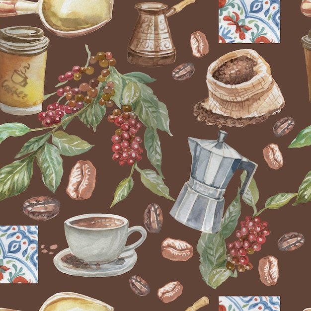 コーヒーブドウの枝と葉 手描きカプチーノ朝 アメリカンカップ タイル イタリアン水彩