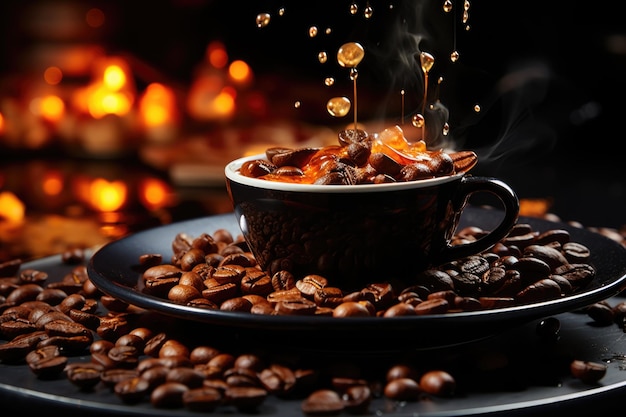 Фото Кофейные зерна падают в буксир и чашка кофе на темном фоне генеративный ia