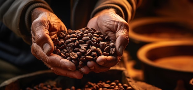 Coffee grains in the hands of an old man closeup International Coffee Day Generative AI