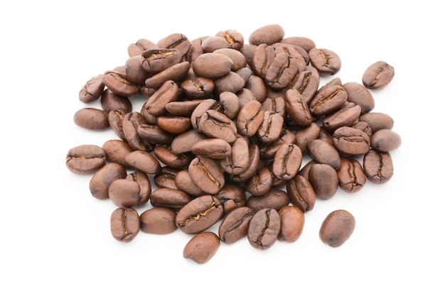 Coffee grains and leaves isolated on the white backgrounds.