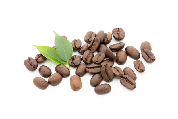 Coffee grains and leaves isolated on the white backgrounds.