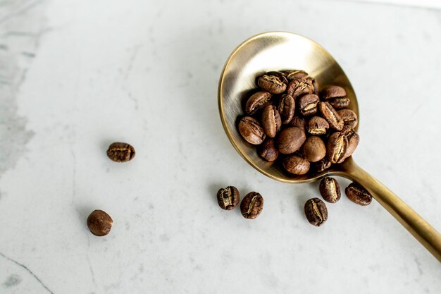 Chicchi di caffè in un cucchiaio su uno sfondo chiaro