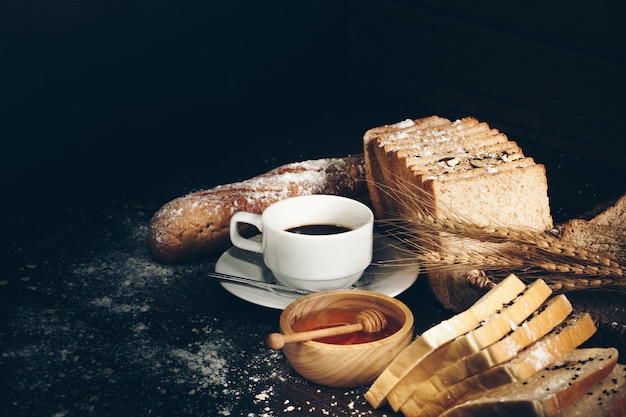 Coffee, honey and bread