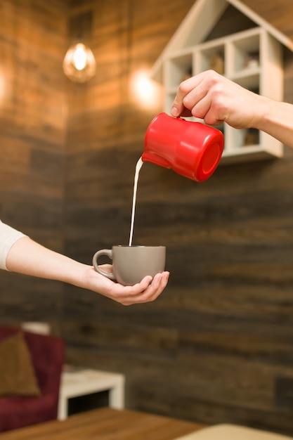 Coffee house interior, concept of making coffee with milk