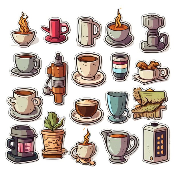 Photo coffee icons set sticker on white background