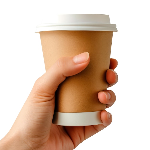 写真 白いまたは透明な背景のカップサイドのコーヒーのクローズアップで手に紙のカップのコーヒー