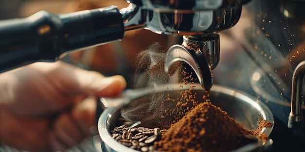 Coffee is individually ground by hand and conveyed into a portafilter deploying a grinder relaxing and space Generative AI