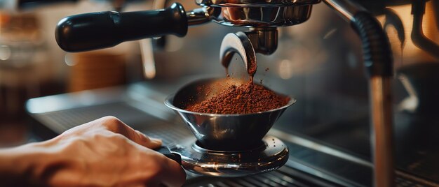 Coffee is individually ground by hand and conveyed into a portafilter deploying a grinder relaxing and space Generative AI