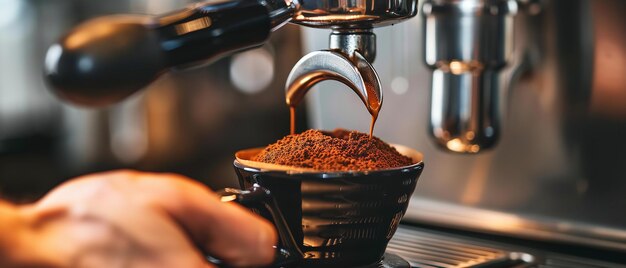 Coffee is individually ground by hand and conveyed into a portafilter deploying a grinder relaxing and space Generative AI