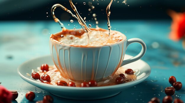 Coffee is poured from cezve into cup on light blue background