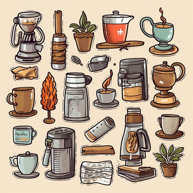 Фото Кофейные предметы, нарисованные вручную, иллюстрации, клип-арт