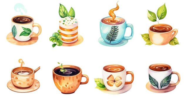 Photo coffee items hand painted illustrations clip art set