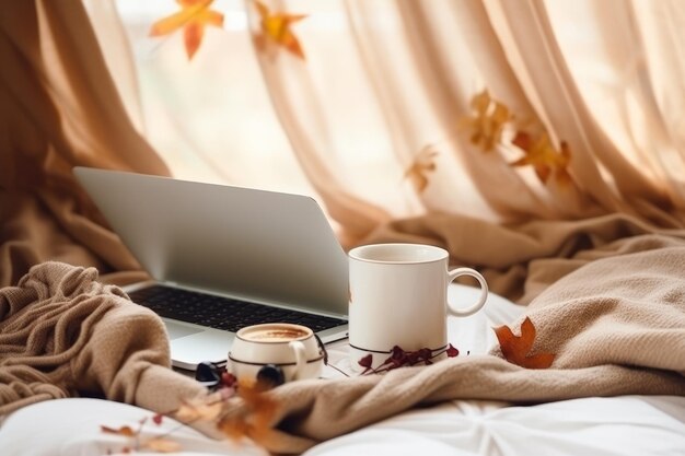 Photo coffee laptops and autumn vibes creating a cozy working atmosphere with fall decor