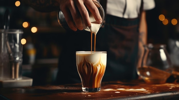 Photo coffee latte art make by barista in coffee shop created with generative ai technology