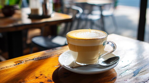 coffee latte art on the wood desk in coffee shop cafe Ai Generative