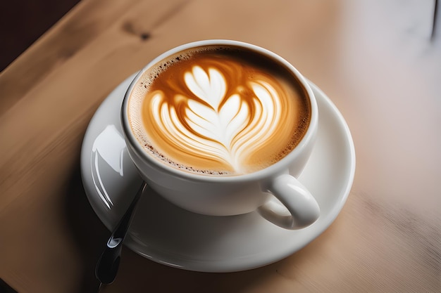 Coffee latte art on wooden table in coffee shop