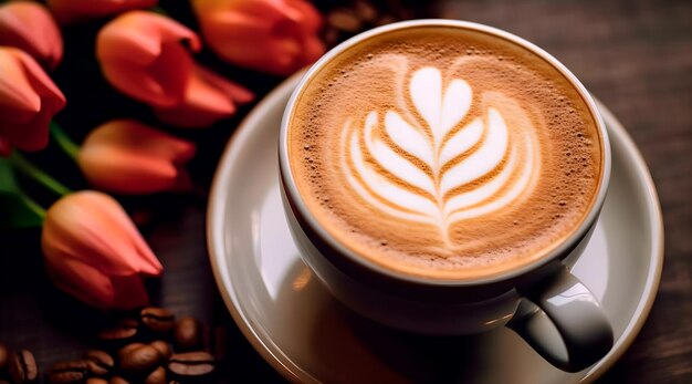 Coffee Latte Cup Surrounded by Tulips over a Table