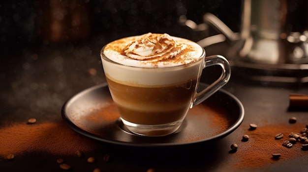 Кофе-латте с кремовым слоем молока на вершине бархатного эспрессо