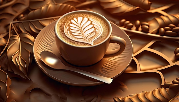 coffee latte with a coffee leaf and a plate