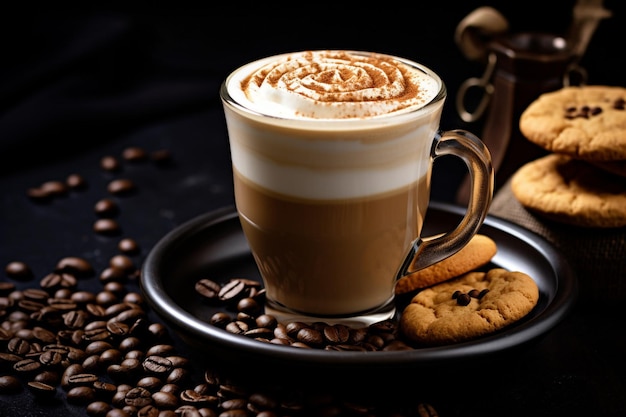 coffee latte with cookies and coffiee beans