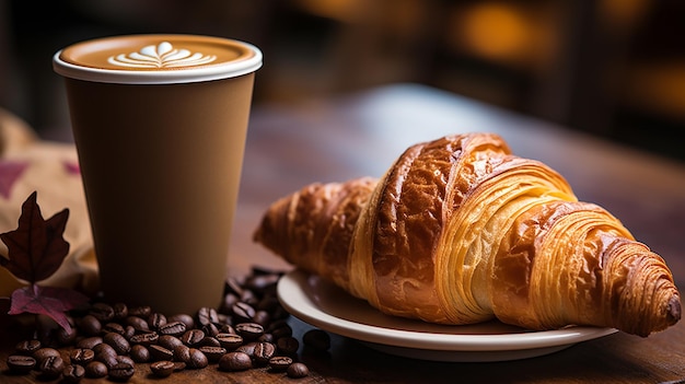 coffee latte with croissant on a wooden table